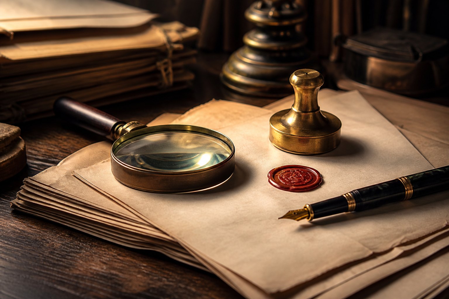 Close-up of a document verification desk with a wax seal and fountain pen