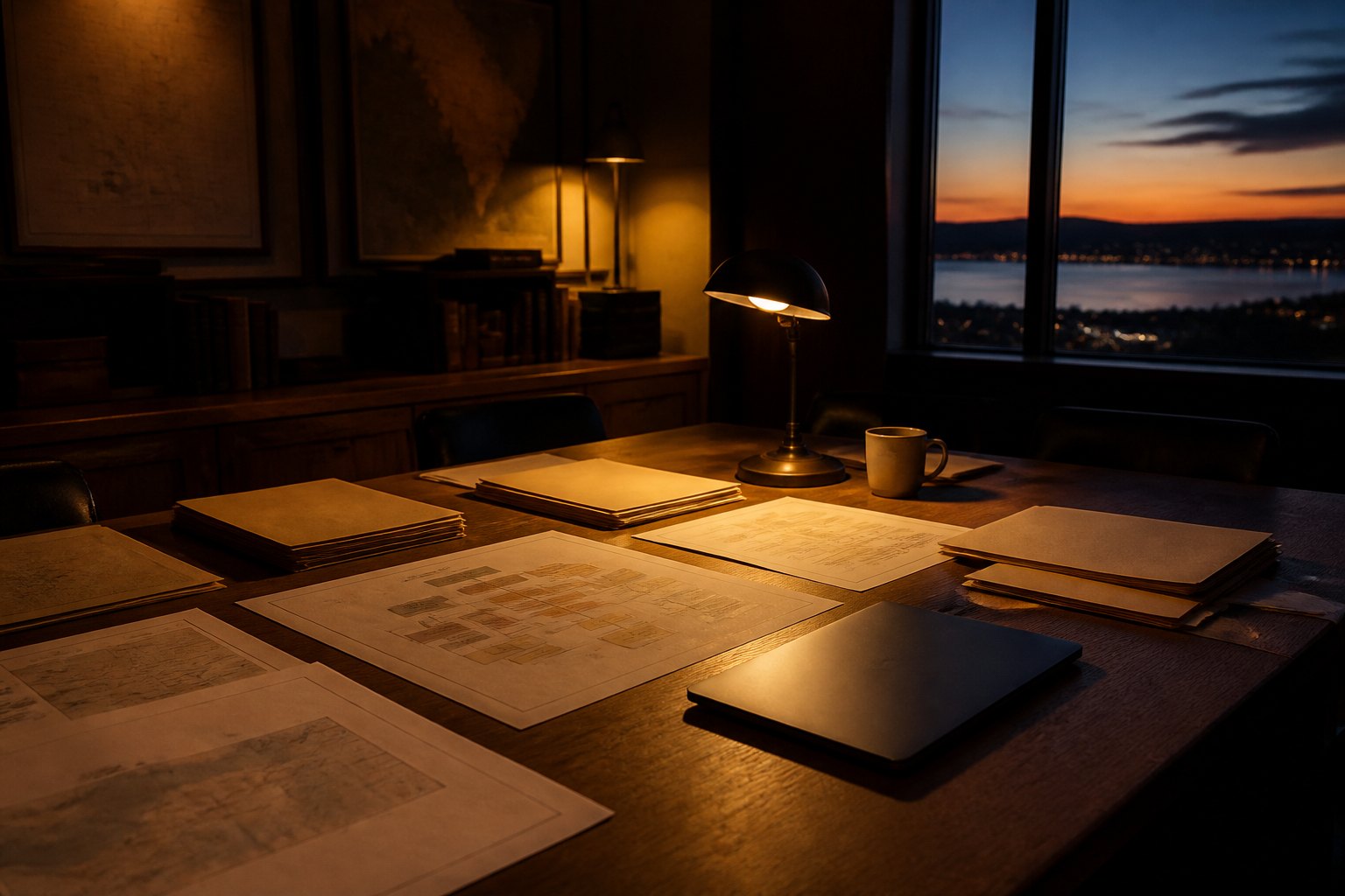 A quiet operations table at dusk with folders and process maps
