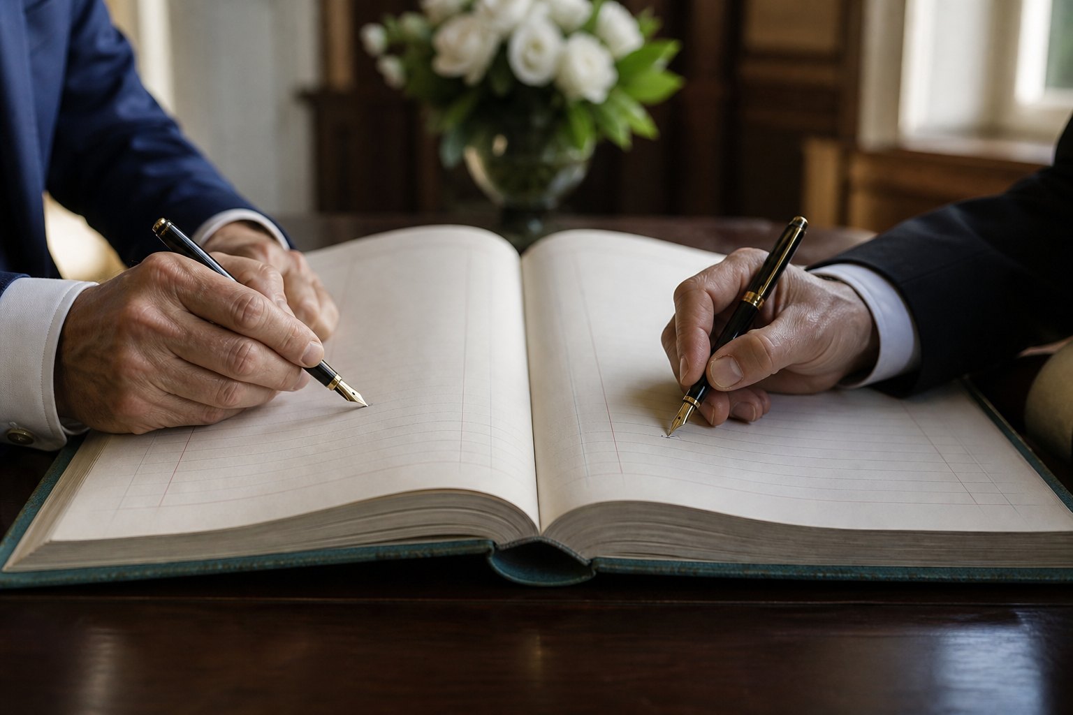 Two people signing opposite pages of a shared register