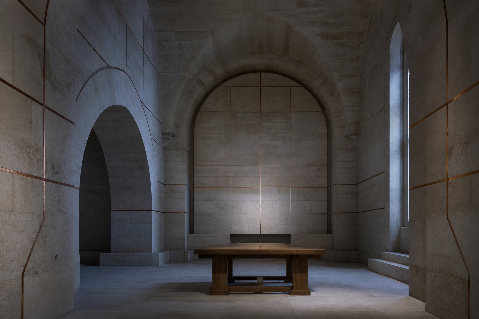 Stone archive vault with copper inlay lines