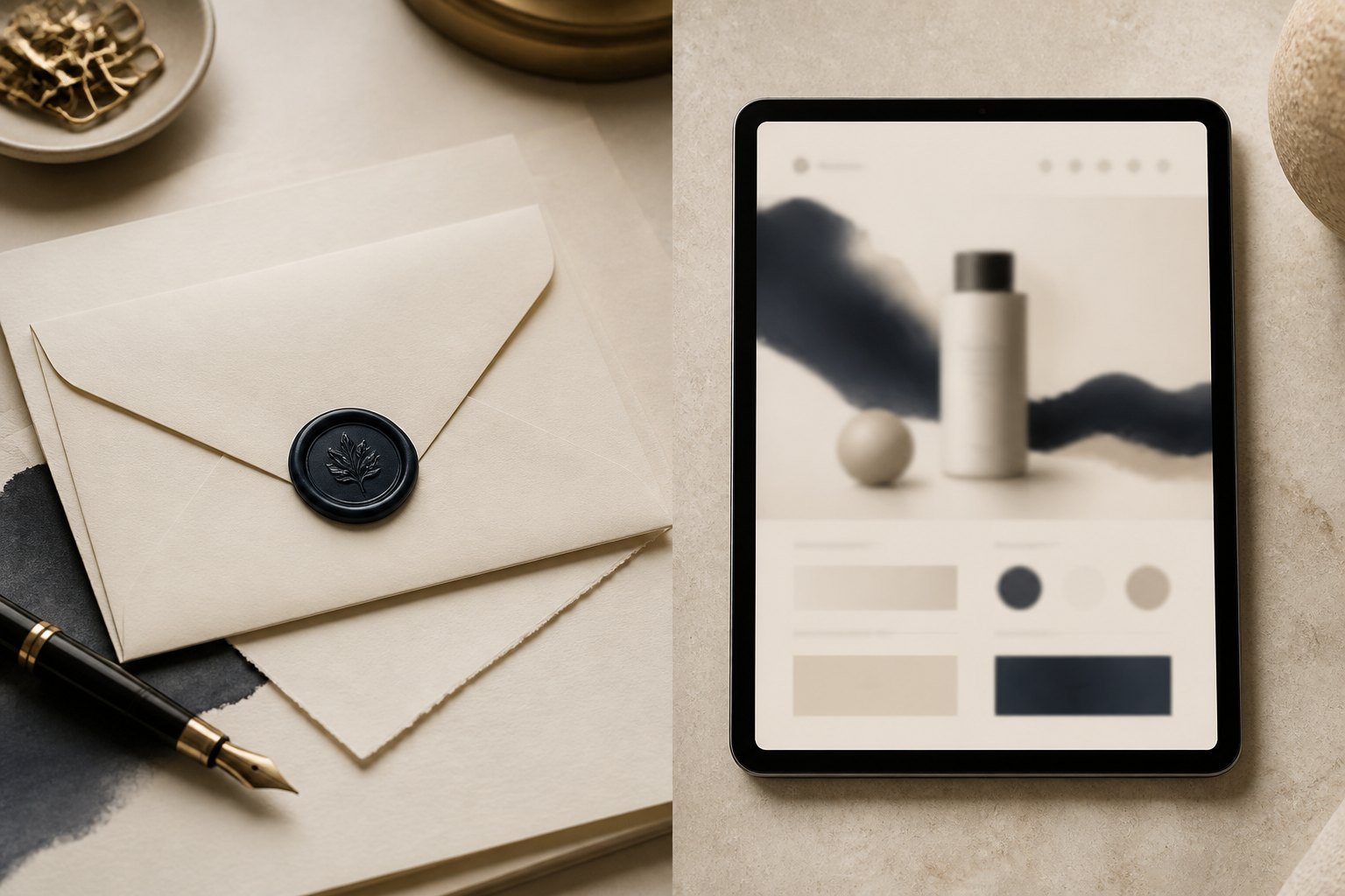 Stationery beside a tablet showing a matching product interface