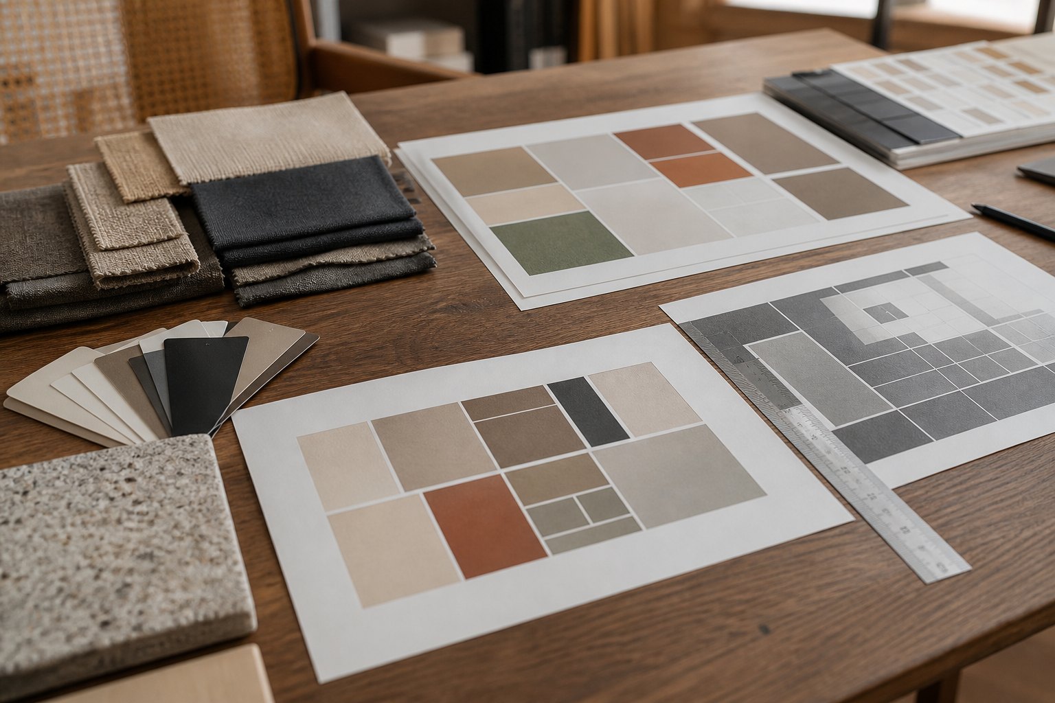 Design table with color chips, swatches, and a grid sheet