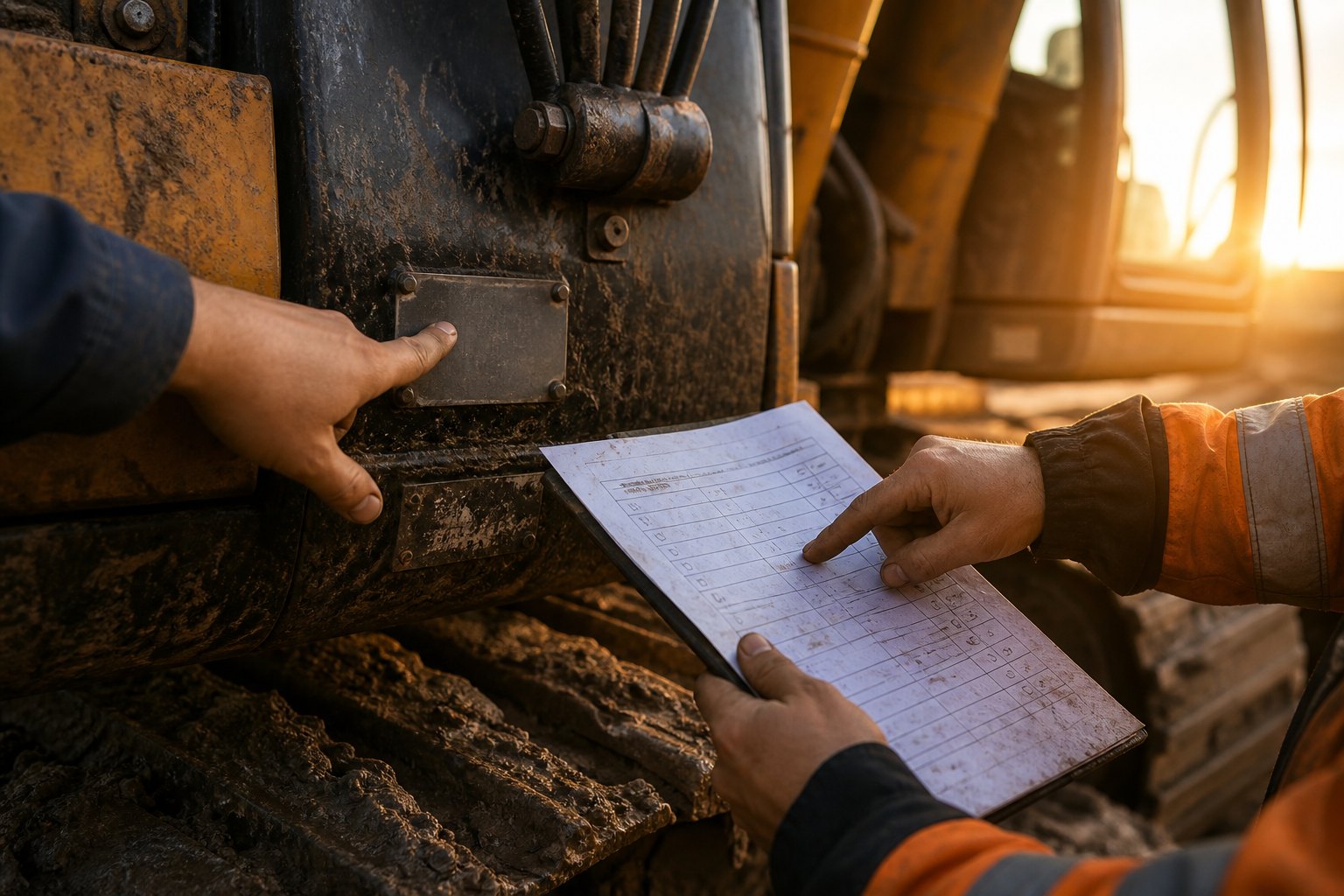 Hands inspecting a machine plate during a field check