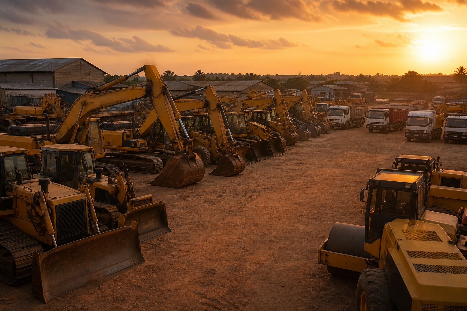 Heavy equipment yard at golden hour