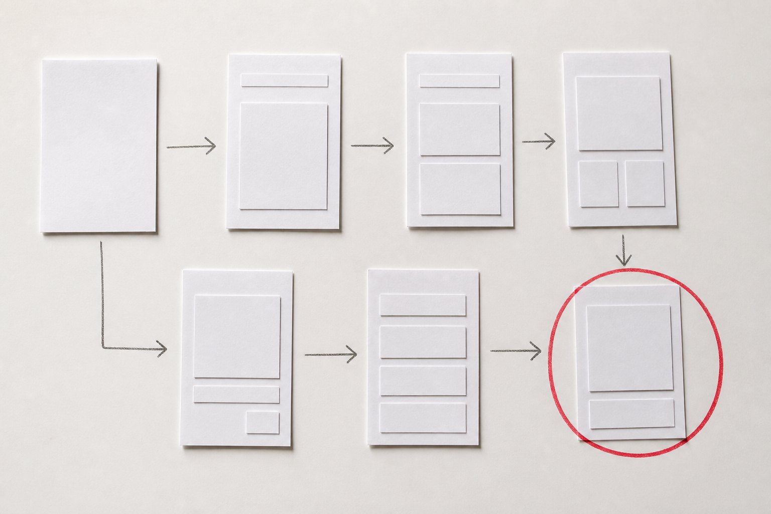 Paper screen prototypes arranged as a conversion path