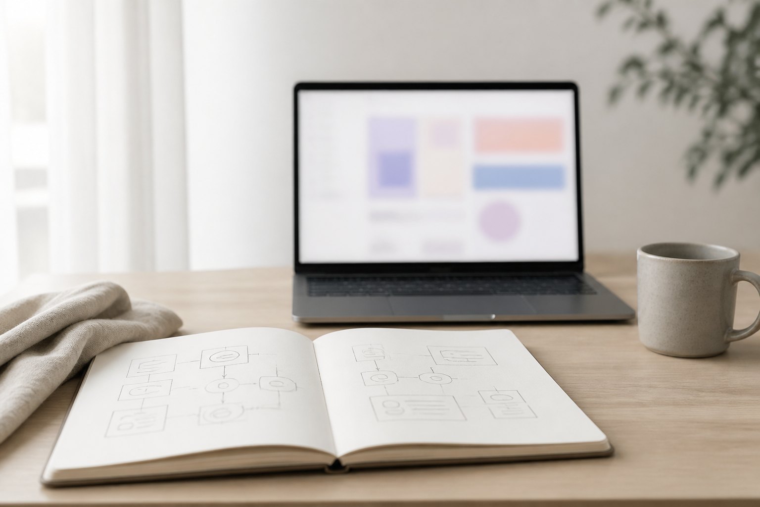 Daylight studio desk with a notebook of user-flow sketches