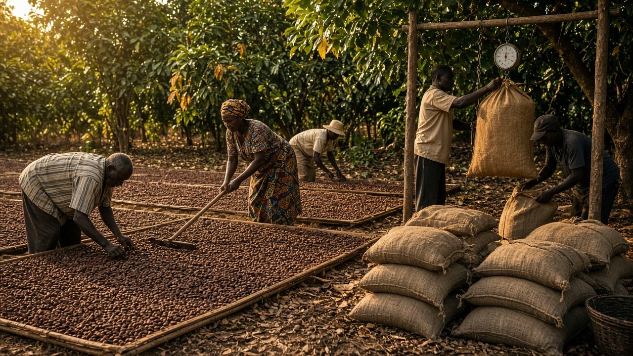 Farmers drying and weighing cocoa beans at a farm in Ghana.