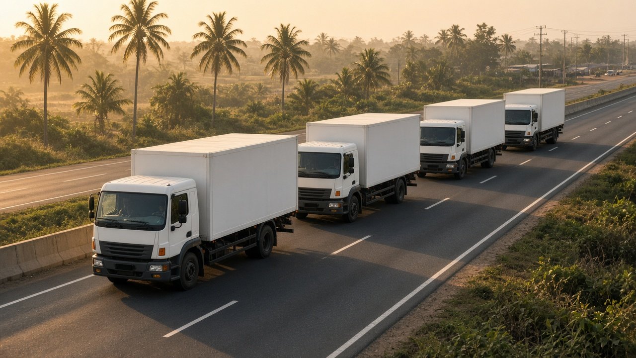 A convoy of cargo trucks on a highway in Ghana.