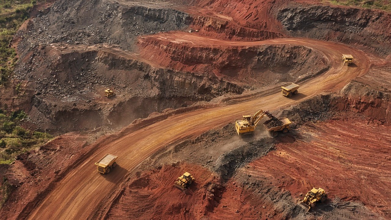 Aerial view of an open-pit mine with haul trucks, an excavator and dozers at work.