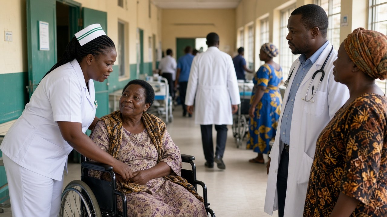A nurse and doctor attending to patients in a hospital ward corridor in Ghana.