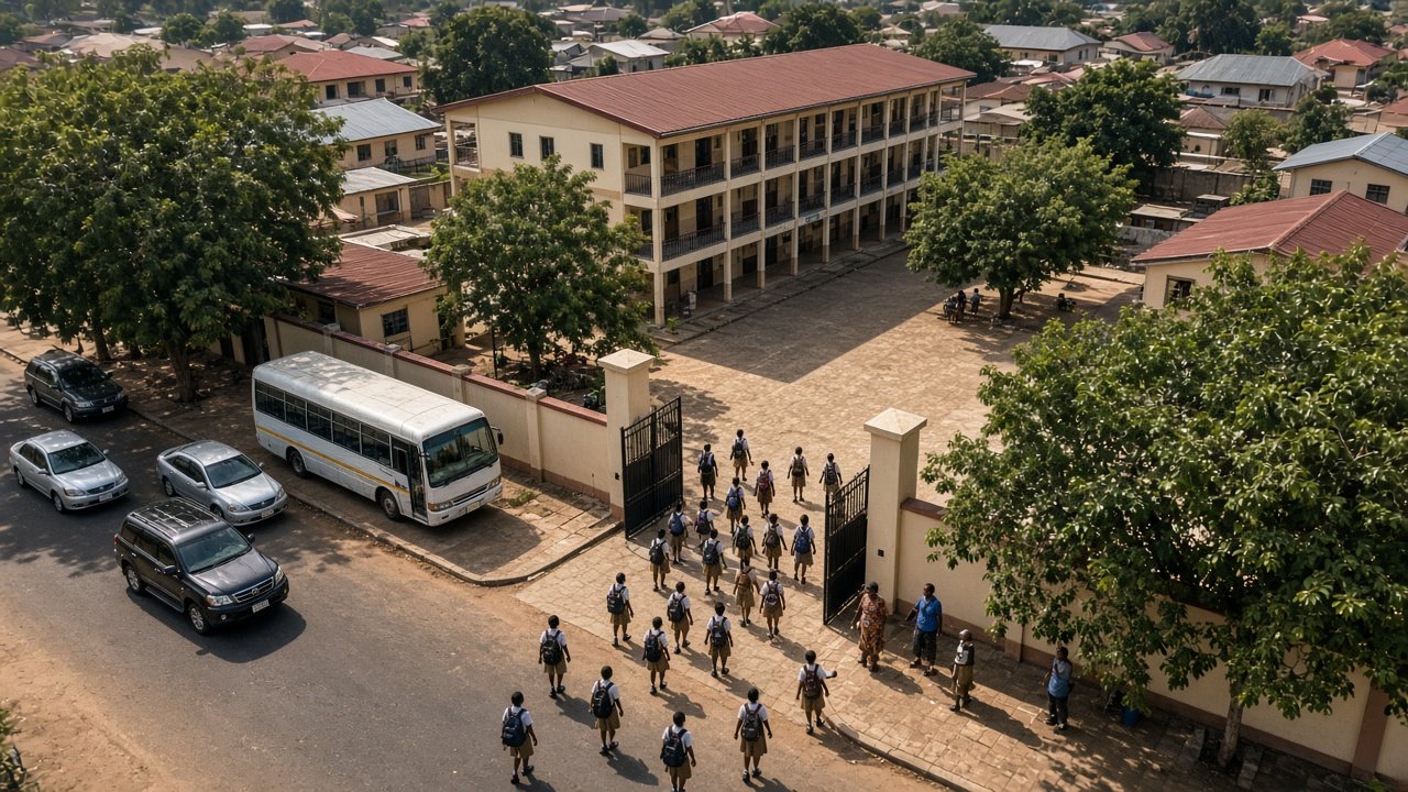 Overhead view of students in uniform arriving at a school gate as parents drop them off.