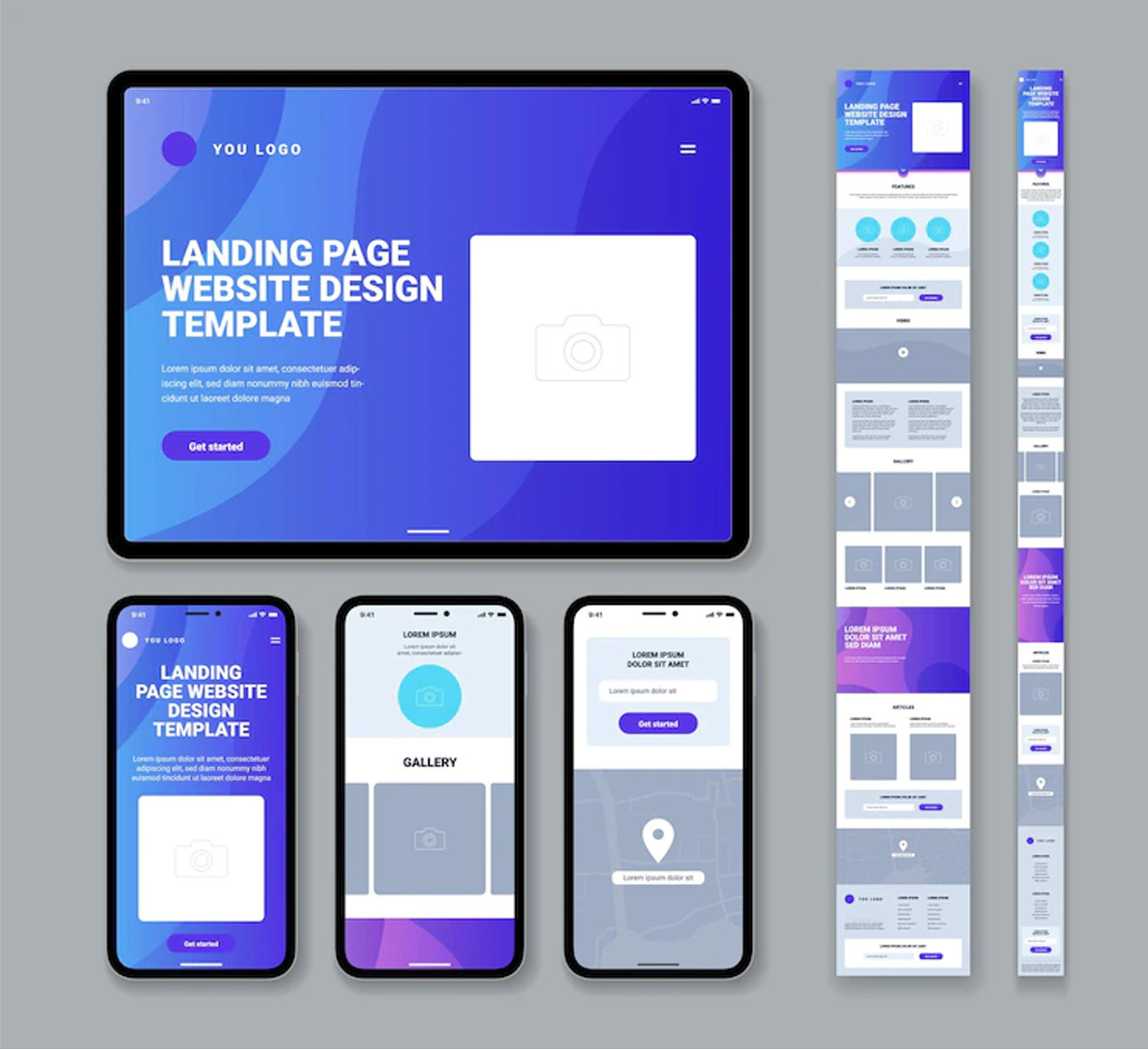 A landing page website template shown on a laptop and phone screens.