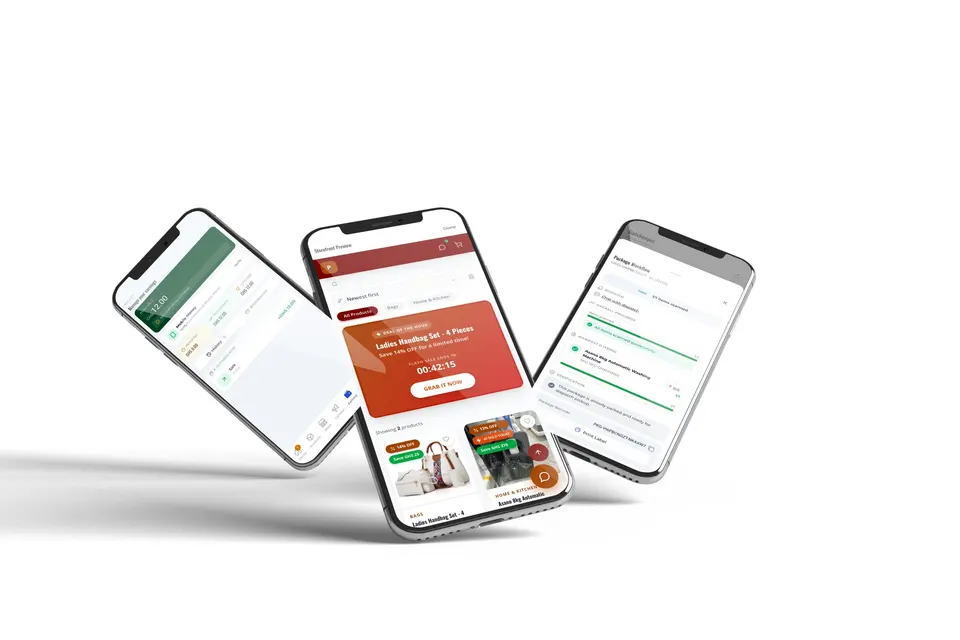 Three phones showing the Rider Mobile Money earnings wallet, a storefront flash sale, and the Warehouse package workflow.