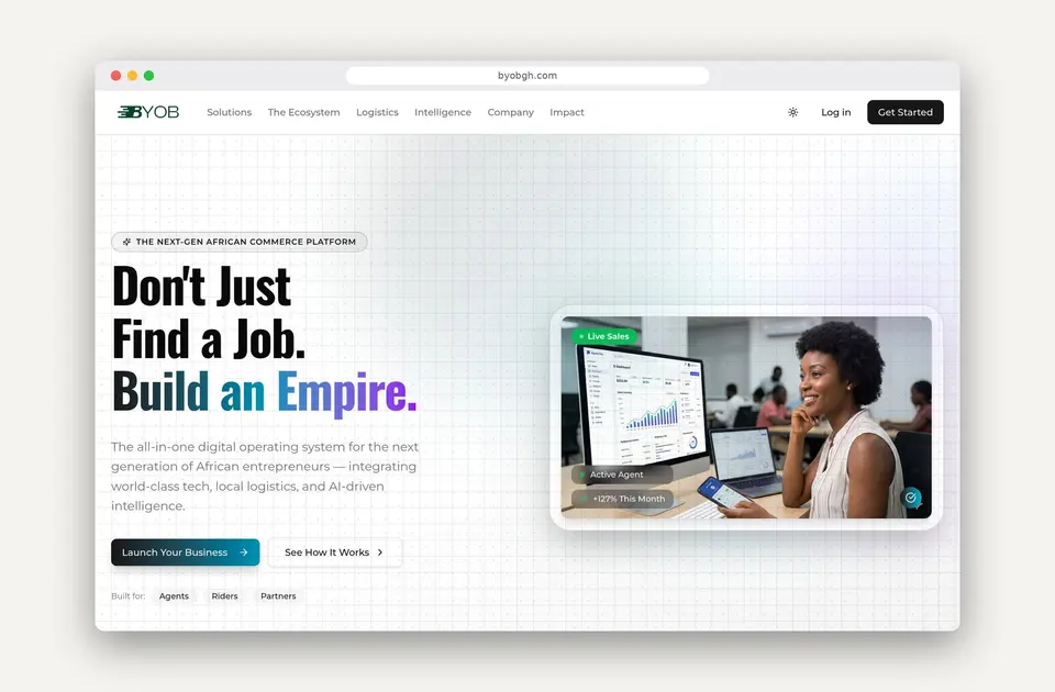 Browser window on byobgh.com showing the BYOB homepage, Don’t Just Find a Job. Build an Empire., with Launch Your Business and See How It Works buttons.