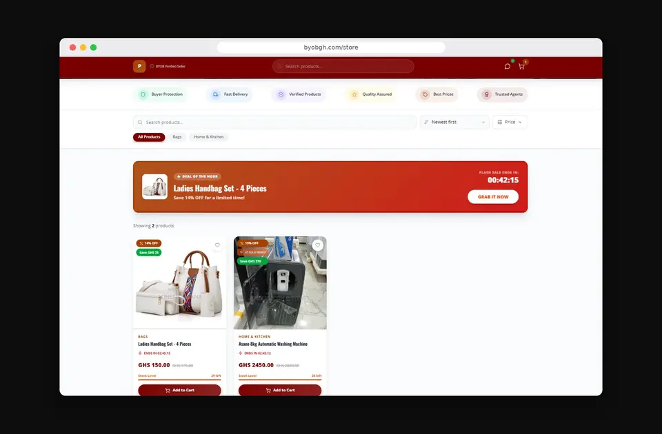 Browser view of a verified seller storefront on BYOB, with flash-sale timing and product cards.