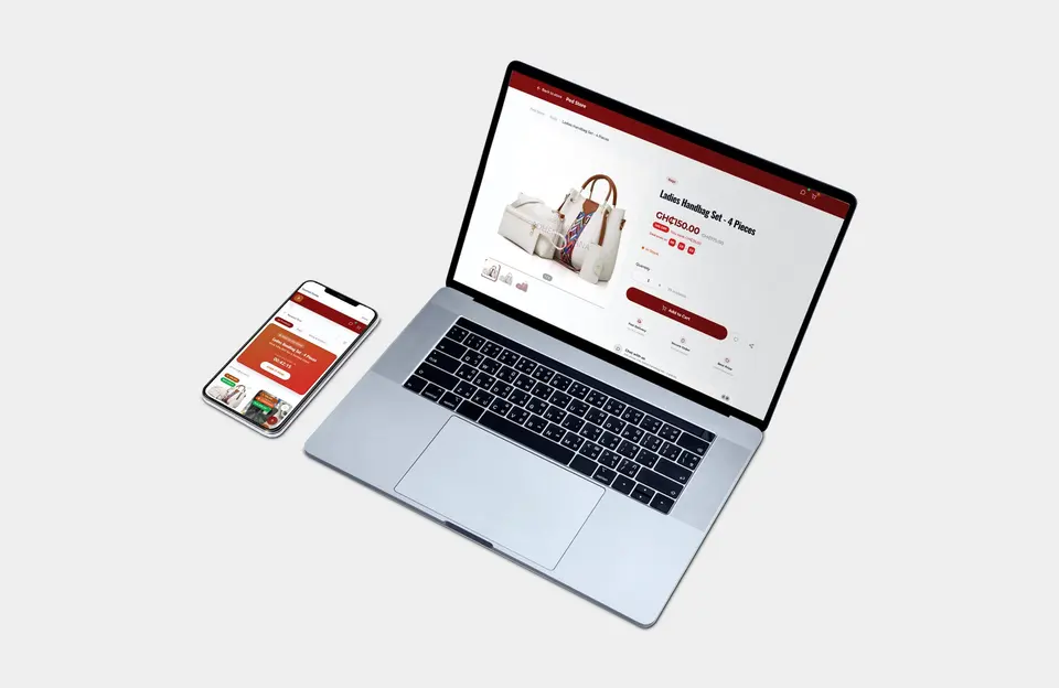Laptop and phone shown from above, both on a BYOB agent storefront product page for a four-piece ladies handbag set, with price, quantity, and Add to Cart.