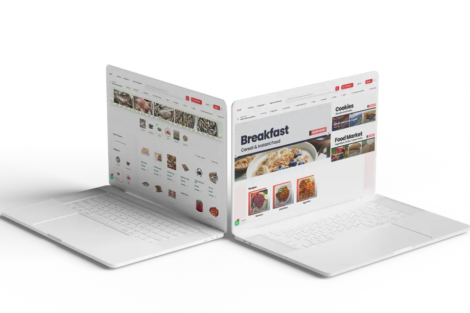 Two laptops showing the Dujis web shop, including a breakfast section and the catalogue.