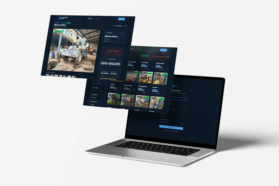 Laptop with a floating Equipment Hub listing, the catalogue grid, and a form.