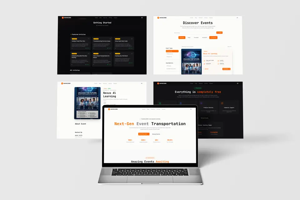 Movecord screens for Getting Started and Discover Events, with the homepage on a laptop.