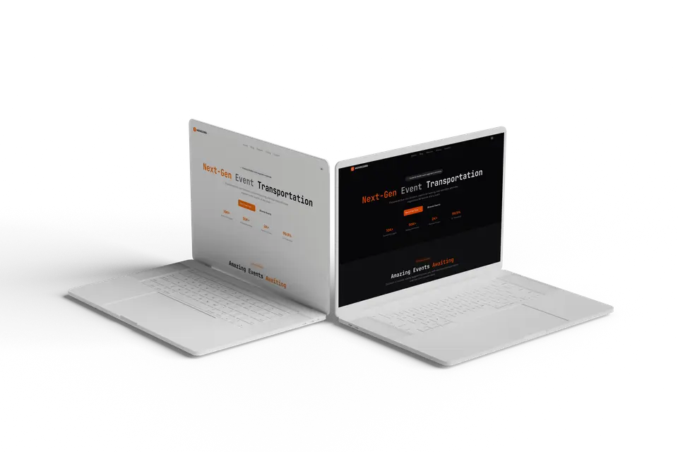 Two laptops showing the Movecord homepage in light and dark mode.