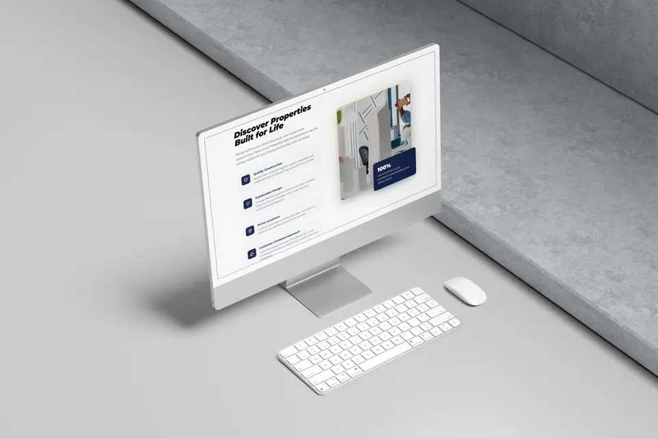 Monitor showing Discover Properties Built for Life.