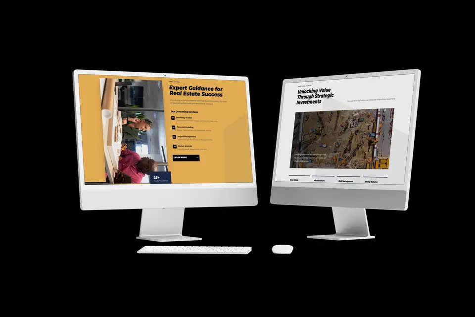 Two monitors, real-estate guidance beside an investments page.