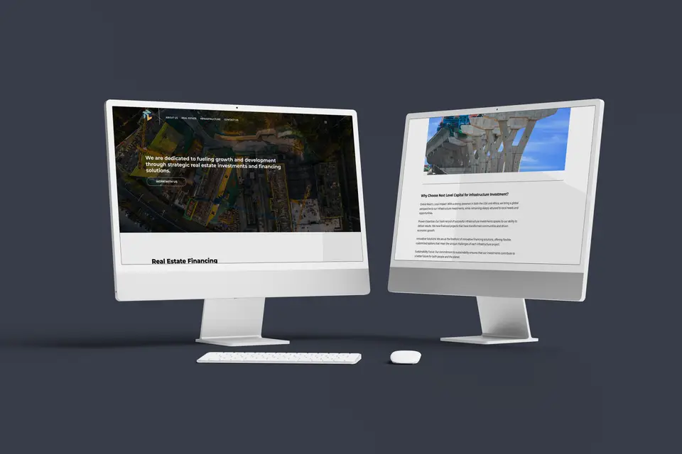 Two monitors showing real-estate financing and an infrastructure page.