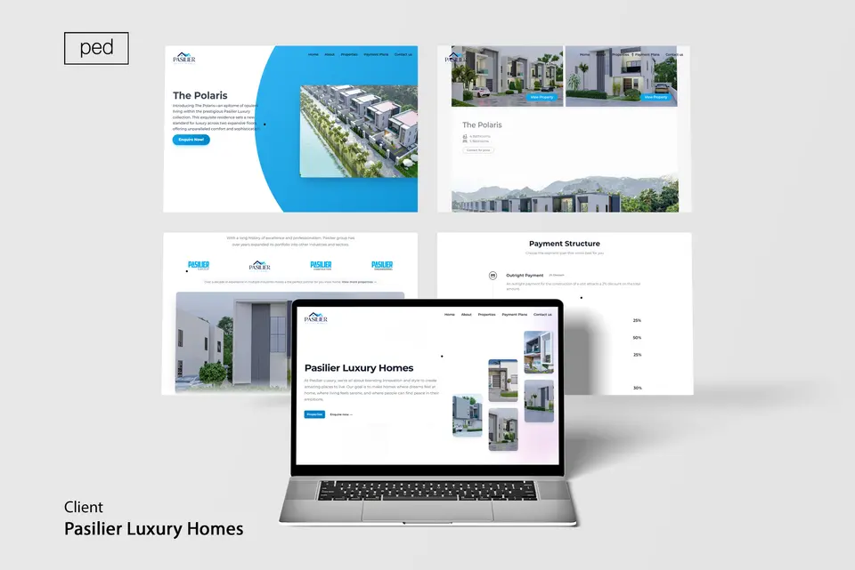 Laptop and page layouts for the Pasilier Luxury Homes website.