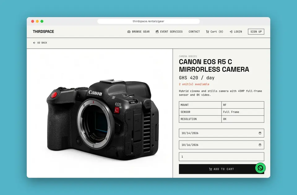 Browser view of a Canon EOS R5 C rental listing with specifications, dates, and availability.