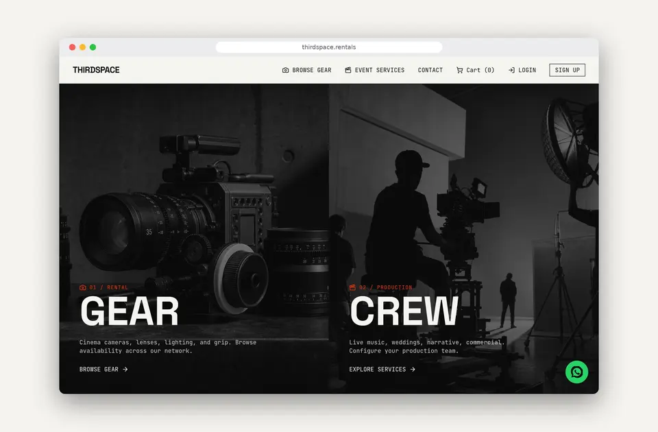 Browser view of the Thirdspace homepage split between 01 Rental Gear and 02 Production Crew.