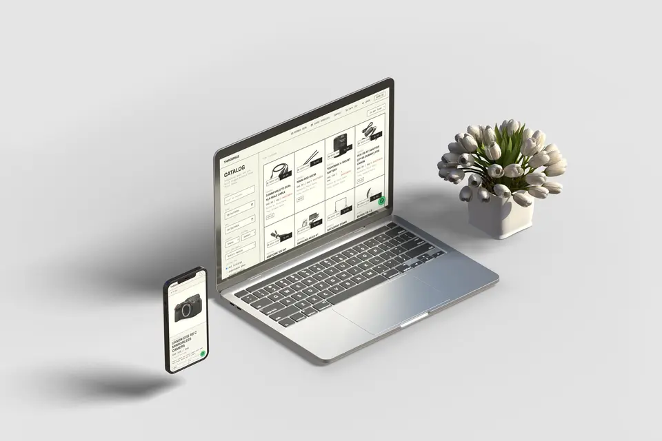 Laptop and phone mockup showing the Thirdspace gear catalogue and a Canon EOS R5 C rental page.